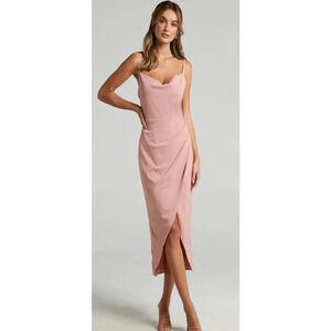 Showpo Dazzling Lights‎ Cowl Drape MIDI Dress Pink Peach Satin Size 6 US 0209